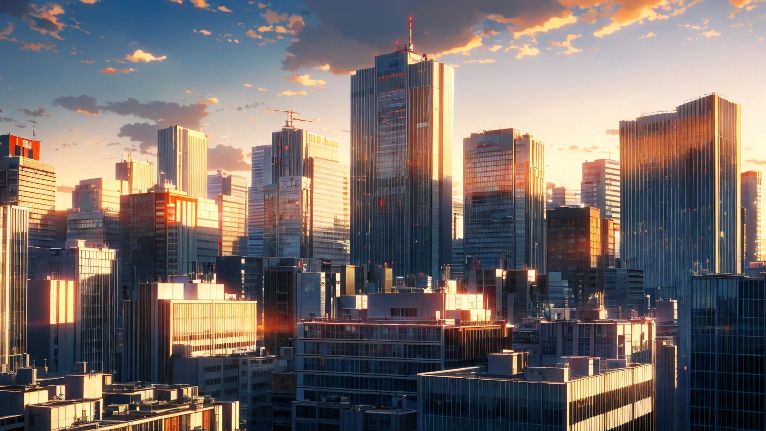 (masterpiece: 1.2, highest quaLightingy), (Lighting) 3, 詳細なAnime Styleのイラスト, Looking up at the city buildings bathed in the setting sun, The building looks dark and blurry in the shadows.. The entire screen goes red, Makoto Shinkai, Anime Style, The sky turns red.