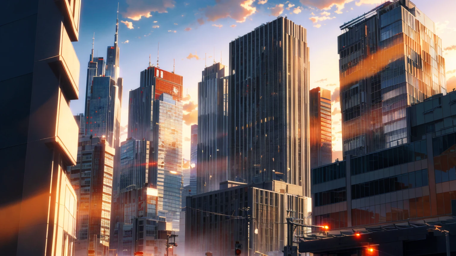 (masterpiece: 1.2, highest quaLightingy), (Lighting) 3, 詳細なAnime Styleのイラスト, Looking up at the city buildings bathed in the setting sun, The building looks dark and blurry in the shadows.. The entire screen goes red, Makoto Shinkai, Anime Style, The sky turns red.