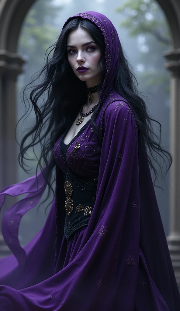 Yami, the Goddess of Chaos, Destruction, Death, Darkness, the End, and Omega
Clothes:
Yami’s kimono is a striking contrast to Kami's, made of dark purple and black fabric that clings to her body. The design is bold and revealing, with a plunging neckline that showcases her cleavage and high slits that expose her legs. The kimono is adorned with dark patterns resembling the night sky, and its edges seem to blur into shadows. The dark hues of her attire reflect her connection to chaos and destruction.
Appearance:
Yami shares the same fair skin as Kami, but her aura is far more intimidating. Her long, raven-black hair flows like liquid darkness, cascading down her back and framing her face with an air of mystery. Her deep purple eyes seem to absorb all light, reflecting the void of death and destruction. Her lips are painted in a deep, almost black shade of purple, adding to her sultry and dangerous allure. Her overall appearance is both alluring and terrifying, embodying the seductive nature of chaos.