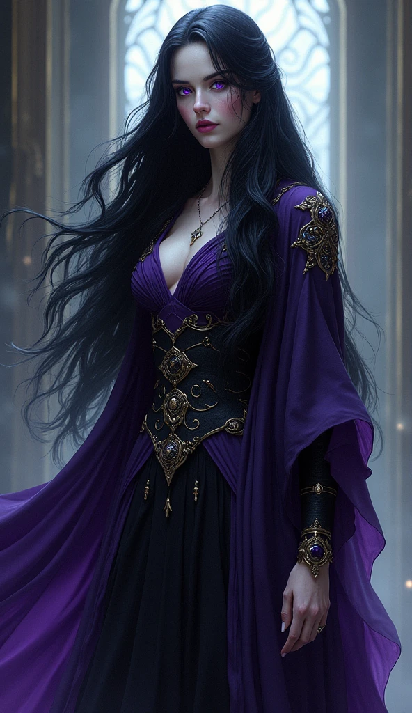 Morgana has long, flowing raven-black hair and pale, almost ethereal skin. Her eyes are a deep violet, giving her an otherworldly appearance. She dresses in flowing robes of dark purple and black, often adorned with symbols of the occult.