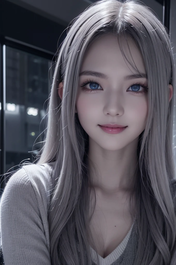 1 woman,perfect eye,((focus eye)),((dark gray color eyes)),Charming and bewitching smile,looking at viewer,overflowing charm,8k,ultla highres,high contrast,hyper detailed,Gentle long hair in platinum white and gray gradient,Enchanting atmosphere,rim light,indoors,neon lighting,night,