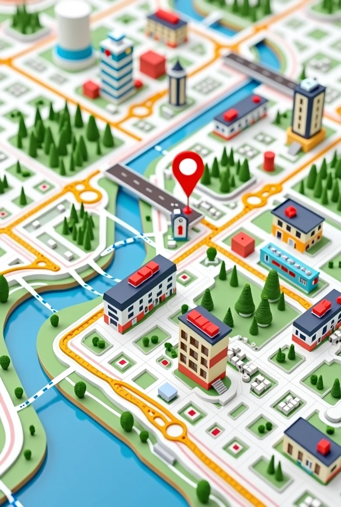 Create an image of a map in the style of Google Maps, showing a city with streets organized in a grid pattern. Include location icons for restaurants, parks, and hospitals, as well as street labels. Add details like a river running through the city, green areas representing parks, and small public transportation icons like buses and metro stations. The image should have a clean and modern look, with soft colors and clear icons, reminiscent of the characteristic Google Maps style.