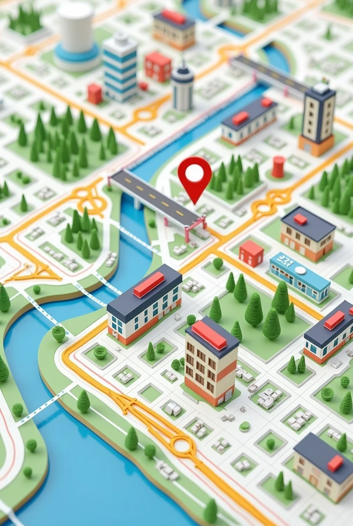 Create an image of a map in the style of Google Maps, showing a city with streets organized in a grid pattern. Include location icons for restaurants, parks, and hospitals, as well as street labels. Add details like a river running through the city, green areas representing parks, and small public transportation icons like buses and metro stations. The image should have a clean and modern look, with soft colors and clear icons, reminiscent of the characteristic Google Maps style.