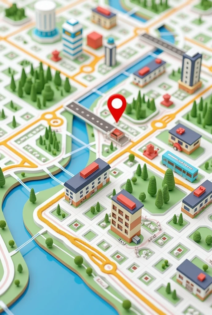 Create an image of a map in the style of Google Maps, showing a city with streets organized in a grid pattern. Include location icons for restaurants, parks, and hospitals, as well as street labels. Add details like a river running through the city, green areas representing parks, and small public transportation icons like buses and metro stations. The image should have a clean and modern look, with soft colors and clear icons, reminiscent of the characteristic Google Maps style.