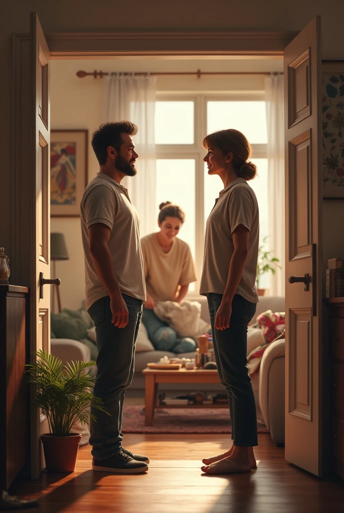 Make a picture of a man talking to his wife and the woman who is collecting things, CLOTHES, food etc.