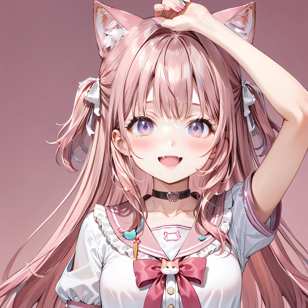 koyo_jk, 1girl, solo, arm up,smile,cat mouth