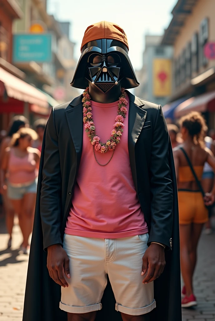 Darth Vader with a flower necklace around his neck wearing a pink t-shirt with white shorts and an orange cap, at Rio de Janeiro Carnival