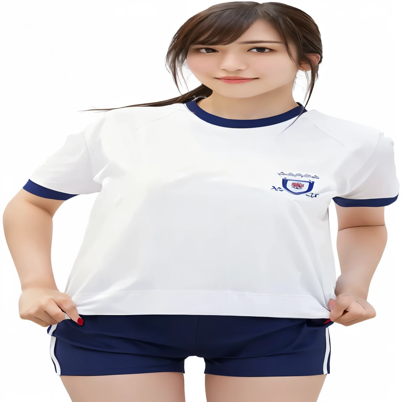 girl standing in classroom,short-sleeved white school long t-shirt,navy blue knitted briefs,18-year-old,bangs,a little smile,thighs,knees,short hair and low ponytails with barrette,from below,front light