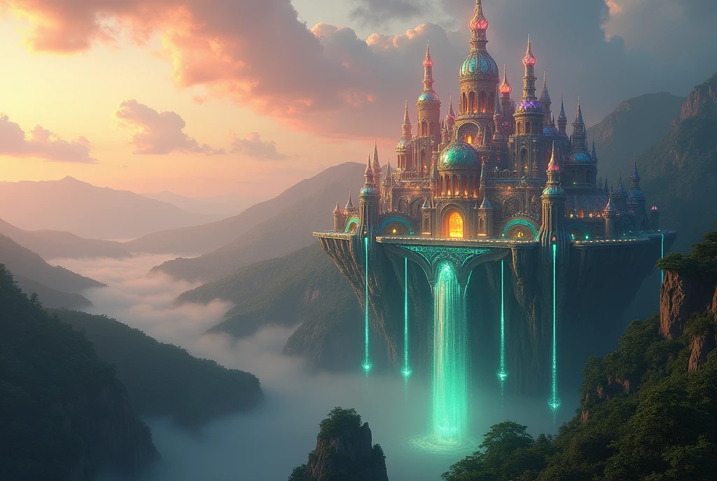Masterpiece, best quality, 8k, A majestic floating ancient gemstone city at dawn in the sky made of emerald, ruby and sapphire. Waterfalls. Stunning landscape. Cinematic shot. ethereal al high fantasy.