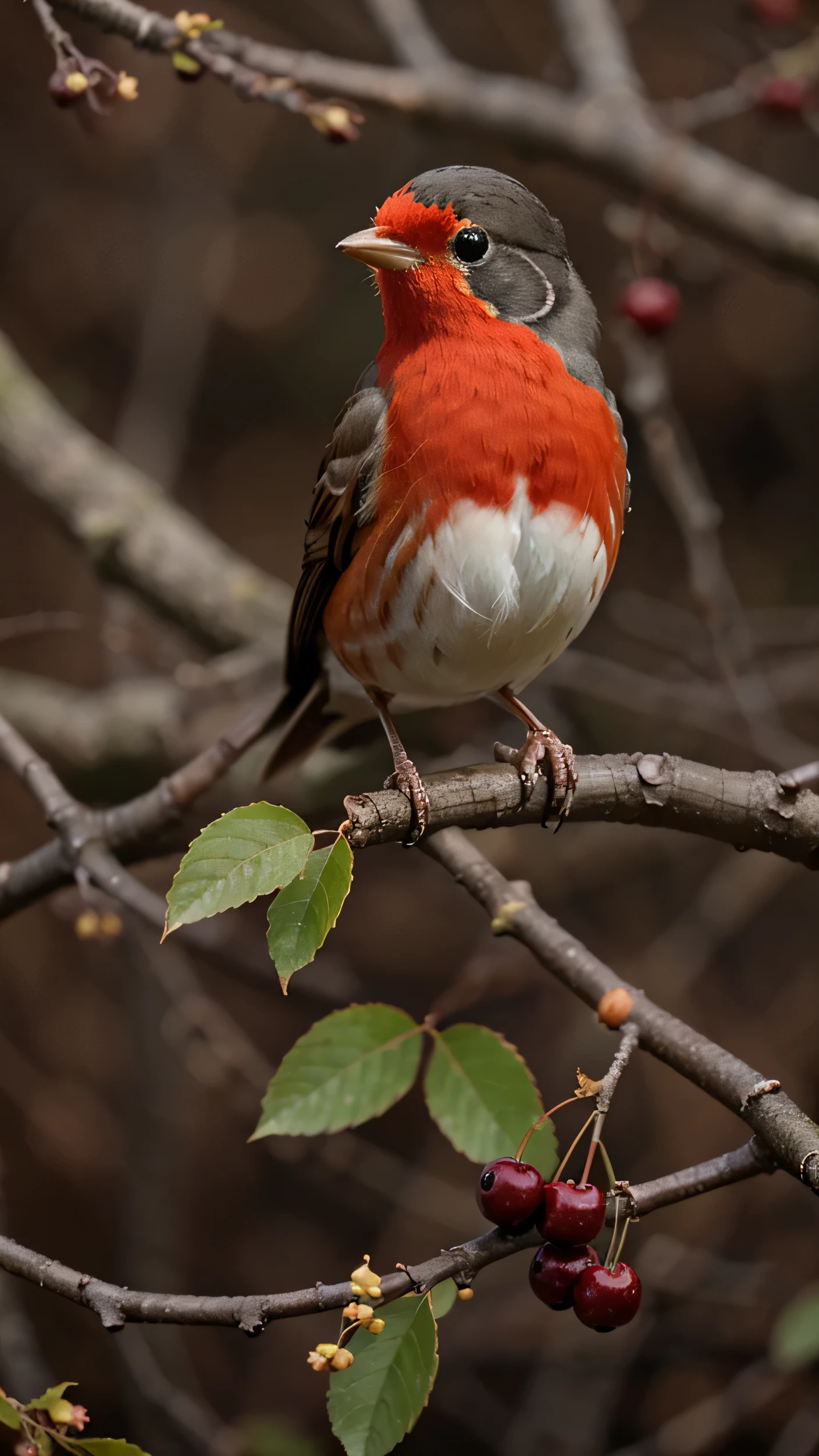 A Robin bird sitting on a branch perching on a red cherry, bokeh background 