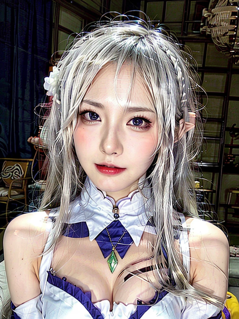 ulzzang-6500-v1.1,(raw photo:1.2),((photorealistic:1.4))best quality ,masterpiece, illustration, an extremely delicate and beautiful, extremely detailed ,CG ,unity ,8k wallpaper, finely detail, best quality,extremely detailed CG unity 8k wallpaper,absurdres, incredibly absurdres, big breats,y body,huge filesize, ultra-detailed, highres, extremely detailed,beautiful detailed girl, extremely detailed eyes and face, beautiful detailed eyes,light on face,cinematic lighting,1girl,(full body),(full-body shot),looking at viewer,outdoors, silver_hair, pointy_ears, purple_eyes, hair_ornament, hair_ribbon, lips