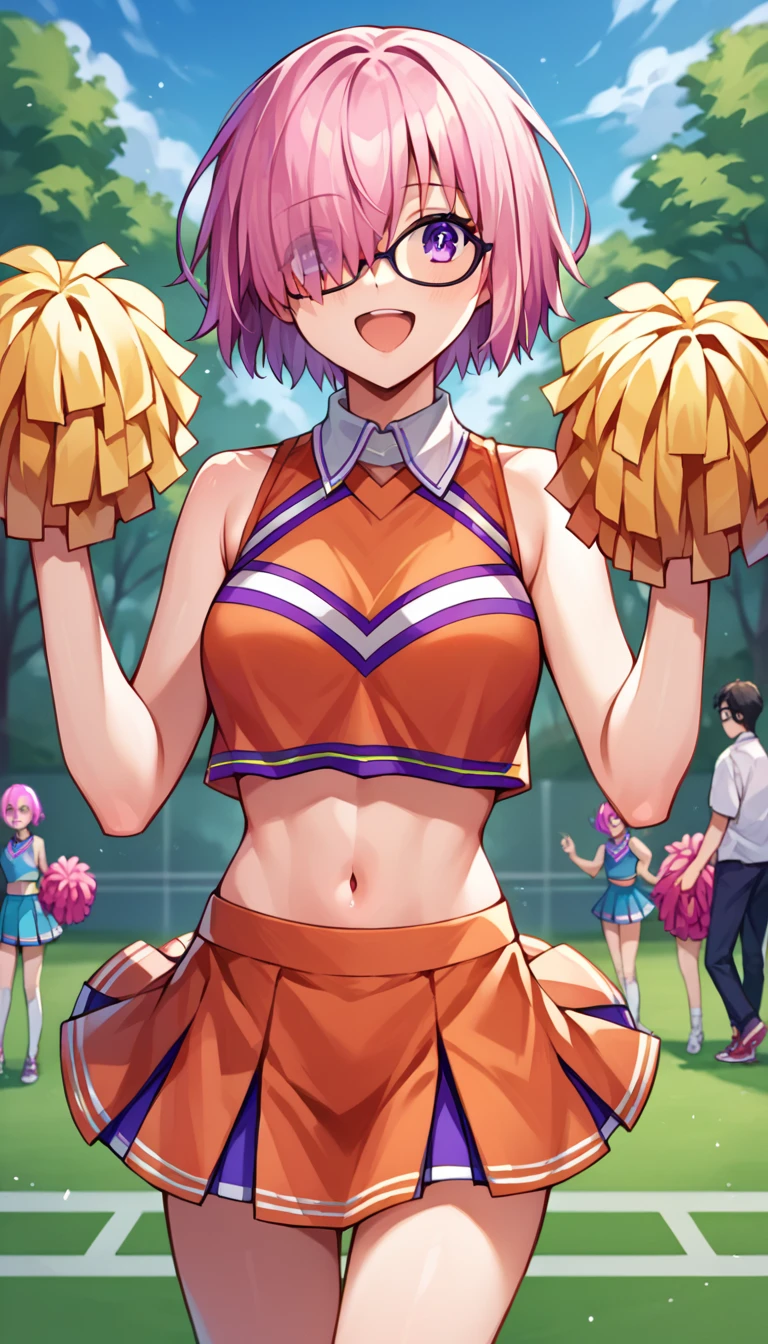 score_9, score_8_up, score_7_up, score_6_up, source_anime, mash kyrielight, short hair, purple eyes, pink hair, hair over one eye, glasses, cheerleader costume, cheerleader pose, open mouth, smiling, fullbody shot, the background is in a park on day