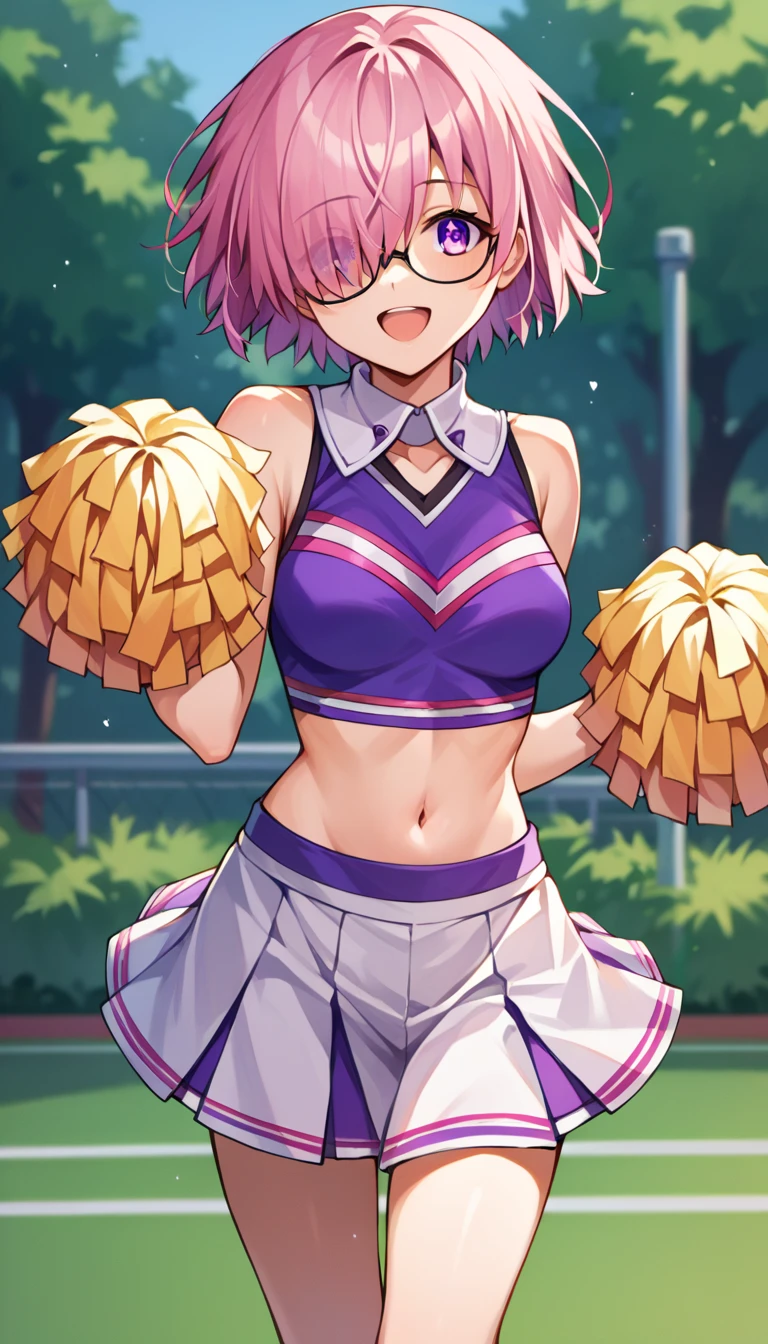 score_9, score_8_up, score_7_up, score_6_up, source_anime, mash kyrielight, short hair, purple eyes, pink hair, hair over one eye, glasses, cheerleader costume, cheerleader pose, open mouth, smiling, fullbody shot, the background is in a park on day