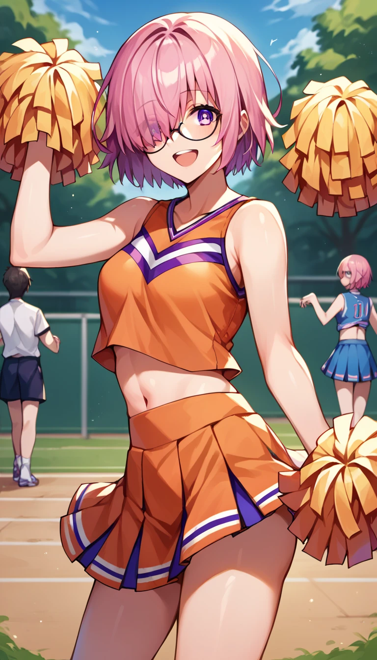 score_9, score_8_up, score_7_up, score_6_up, source_anime, mash kyrielight, short hair, purple eyes, pink hair, hair over one eye, glasses, cheerleader costume, cheerleader pose, open mouth, smiling, fullbody shot, the background is in a park on day