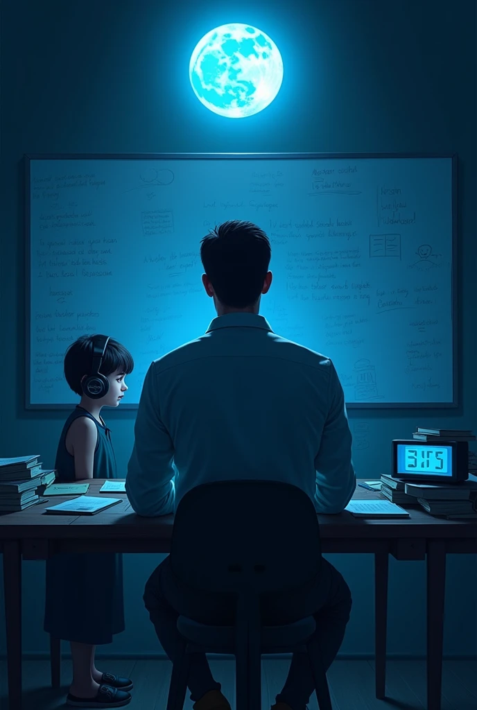 Bedroom, window light come from blue moon in room table with lot of books and notes very big white notice board in the wall written on focus behind the table and adult man back side full shadow body shadow, digital clock showing 5 o'clock a.m. clearly seen boy wearing earphone listening Quran only back side sleeveless dress