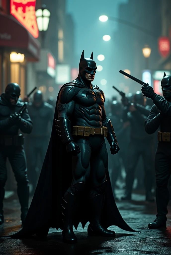 Batman alone fighting 100 gangster having knife and gun