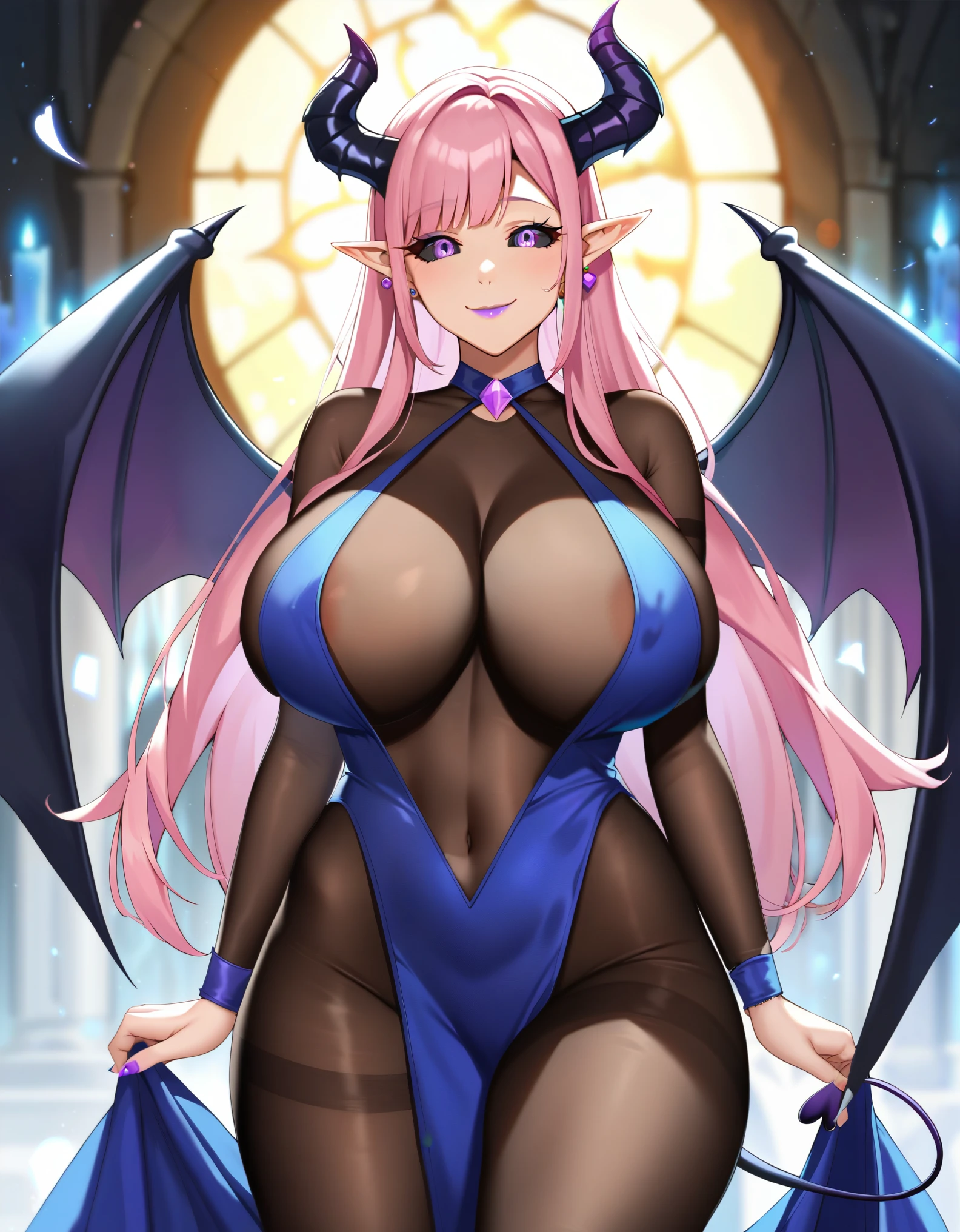 masterpiece, score_9, score_8_up, score_7_up, source_anime, high quality, extremely detailed, 1girl, milf, solo, luxiel, (huge breasts:1.1), ((((pink hair), long hair, black sclera, purple eyes, pointy ears, horns, large demon wings, demon tail))), purple lips, (((bodystocking, evening gown, plunging neckline dress))), ((yandere, naughty smile), closed mouth), ((ruined castle))