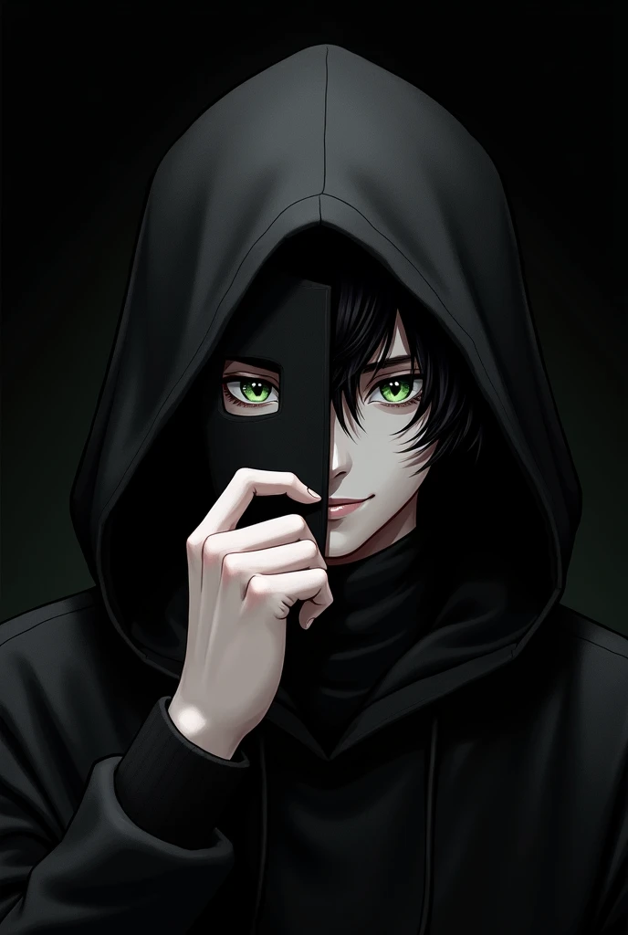 Young man holds a mask with his hand to hide the vertical half of his face. has white skin, black fur, green eyes and a mysterious half smile. Has a black hood. The background is black, is coming out from the shadows. realistic drawing.