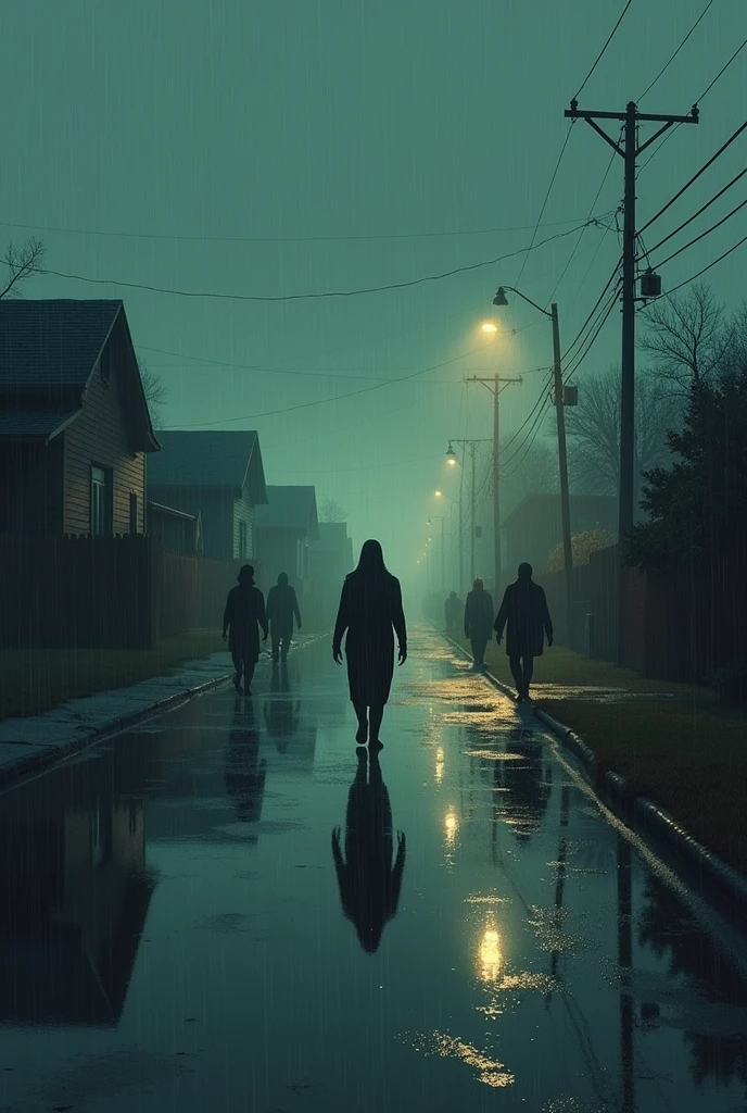 suburb, weirdcore, liminal, reality failure, rain, night