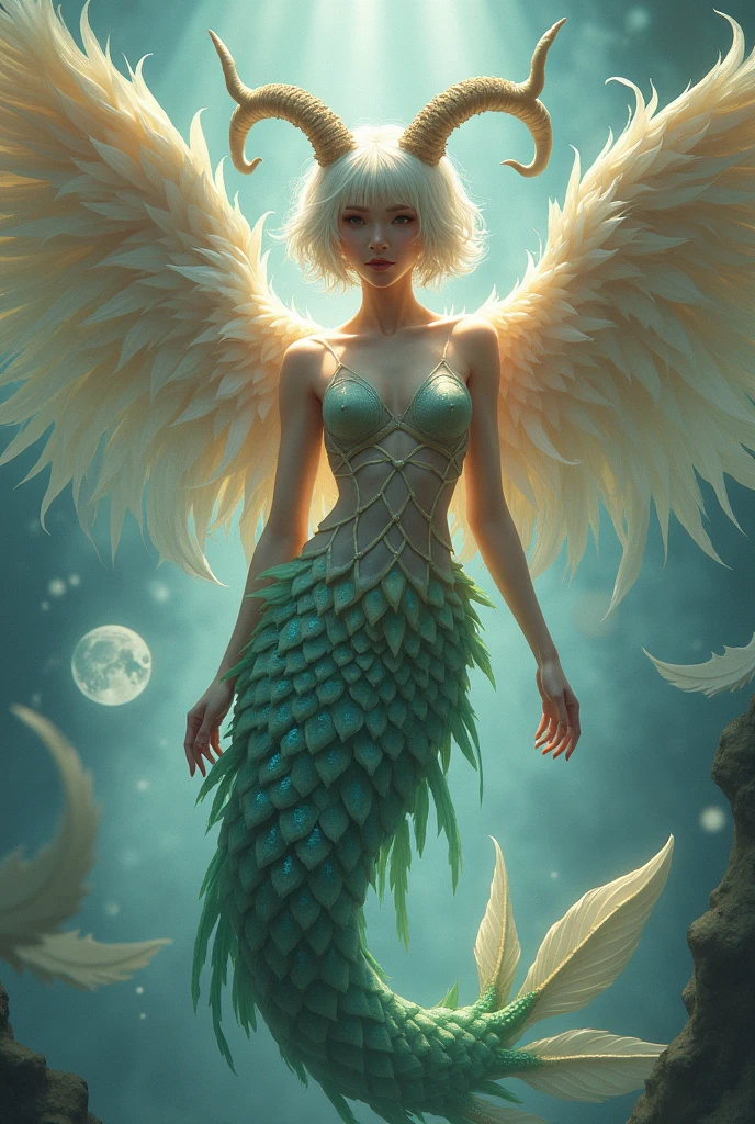 Goddess of beauty,wings,short hair,Goat horns, mermaid, fox tail, tangan kucing