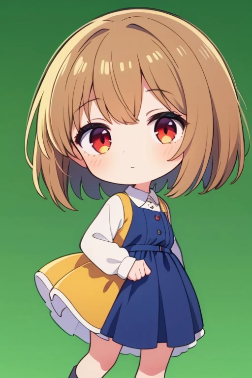 1 girl, bob hair, light brown mesh hair, blue dress, red eye color, green background, chibi