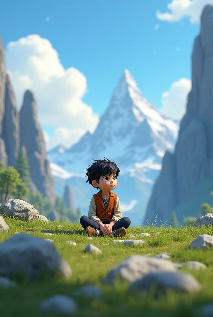 Realistic generated 3d a boy sitting alone in the mountain his name is Satran 