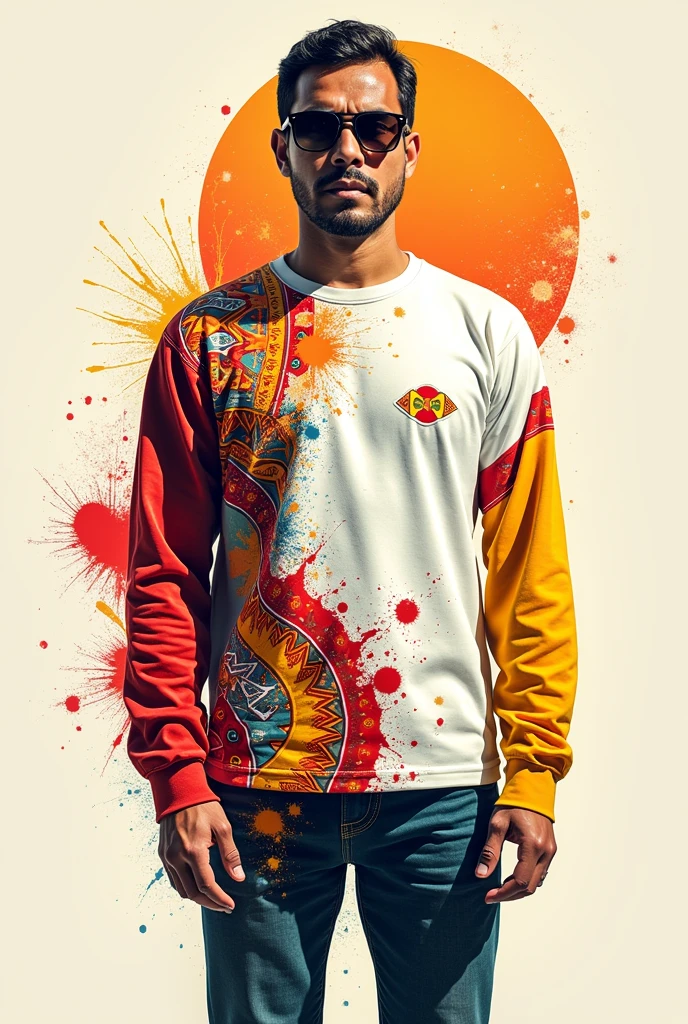 A long-sleeved T-shirt with a white base color and adding the red color, bright yellow and orange that says Tinku Khunpa small on the right side and that have things that represent Bolivia