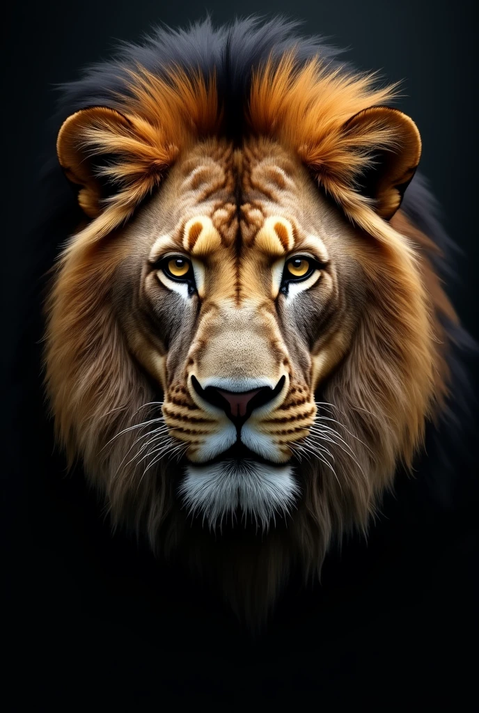Lion, only lion face foreground, dark background, realistic lion 