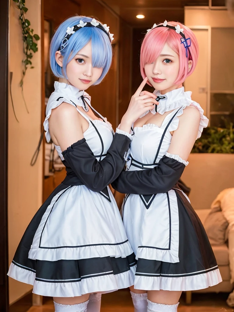 score_9, score_8_up, score_7_up, best quality, masterpiece, gigantic breasts, 20yo,realistic, 
ram (re:zero), roswaal mansion maid uniform, 2girls, multiple girls, twins, breasts, rem (re:zero), maid, siblings, blue hair, sisters, short hair, blue eyes, hair over one eye, pink hair, hair ornament, looking at viewer, detached sleeves, cleavage, realistic, ribbon,lips, x hair ornament, maid headdress, red eyes, medium breasts, hair ribbon, pink eyes, upper body, pink ribbon, nose, mole, apron, parted lips, dress, ribbon trim, mole on breast