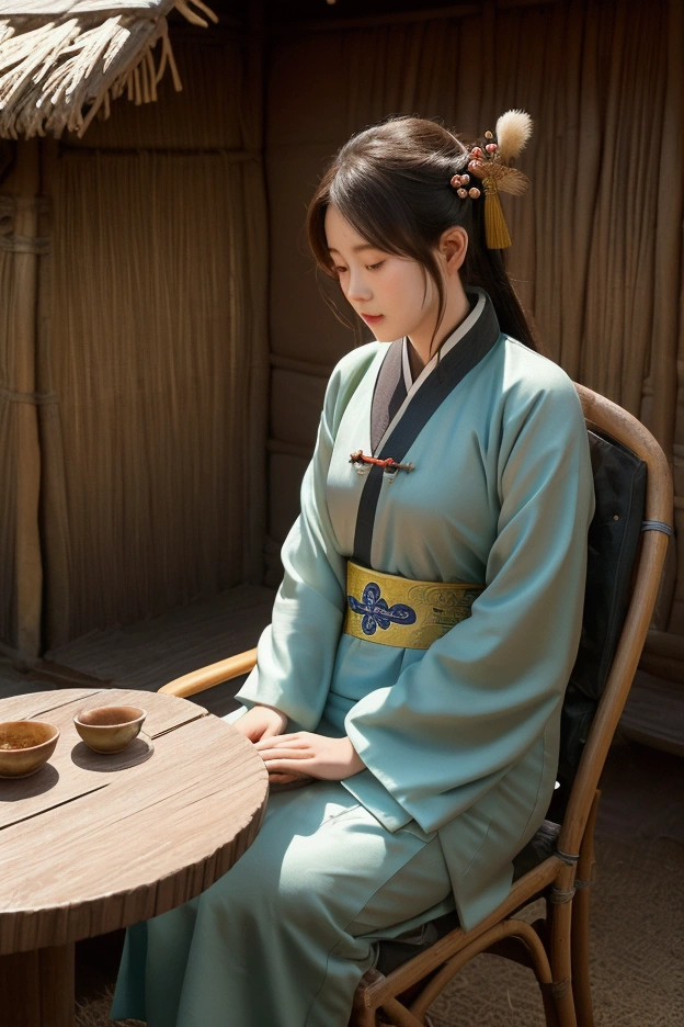 In this scene, An injured young woman was seen supporting her body in front of a hut., As the handsome young man sat at the table in front of the cottage, Drink tea. This scene takes place in ancient China during the Tang Dynasty., And it is a scene that creates conflict and interest between the two characters in an atmosphere rich in Chinese literature and culture...