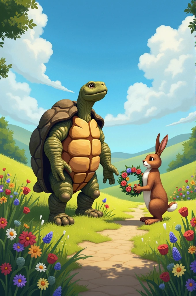 Illustrate the tortoise being celebrated for its perseverance, with the hare acknowledging its mistake and joining in the celebration