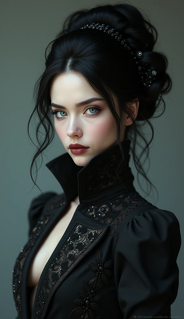 Althea is slender and graceful, with pale skin and jet-black hair that she often wears in elaborate styles. Her eyes are a striking ice blue, always observant and assessing. She prefers dark, elegant clothing, often adorned with subtle but intricate designs that reflect her sophisticated nature.