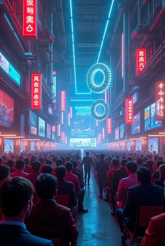 Image that combines urban elements and mixes high-tech tracks, club scenes, modern colorful neon lights, financial conference with big graphs and gears in front of conference room. in the main hall There were more than 200 people in the meeting seated, al --ar 9:16 