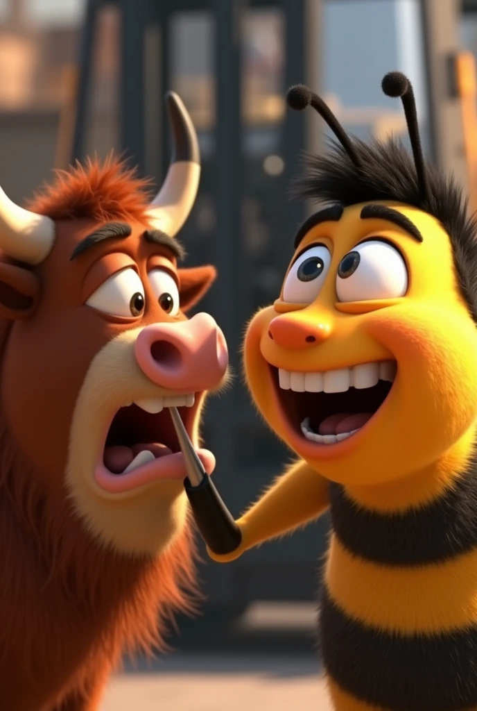 Draw Barry from the Bee movie laughing and pointing his finger at Ferdinand the Bull's face with his eyes full of tears crying very inconsolably..
Background of the image has a Forklift, only the face appears