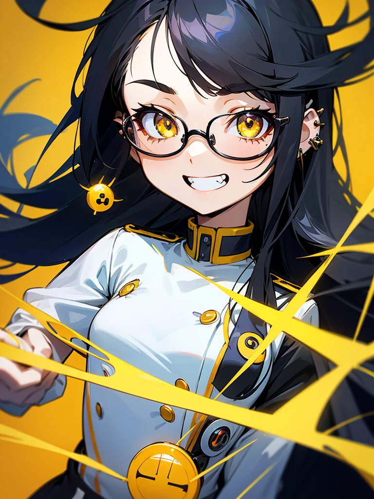 Long Hair、Beautiful girl with black hair and glasses、uniform、、Small breasts、Anime Style、cool、Piercing in one ear、Confused eyes、Yellow Eyes、Participating in a quiz competition、Grinning、Double teeth、Quick-press quiz、Press the button