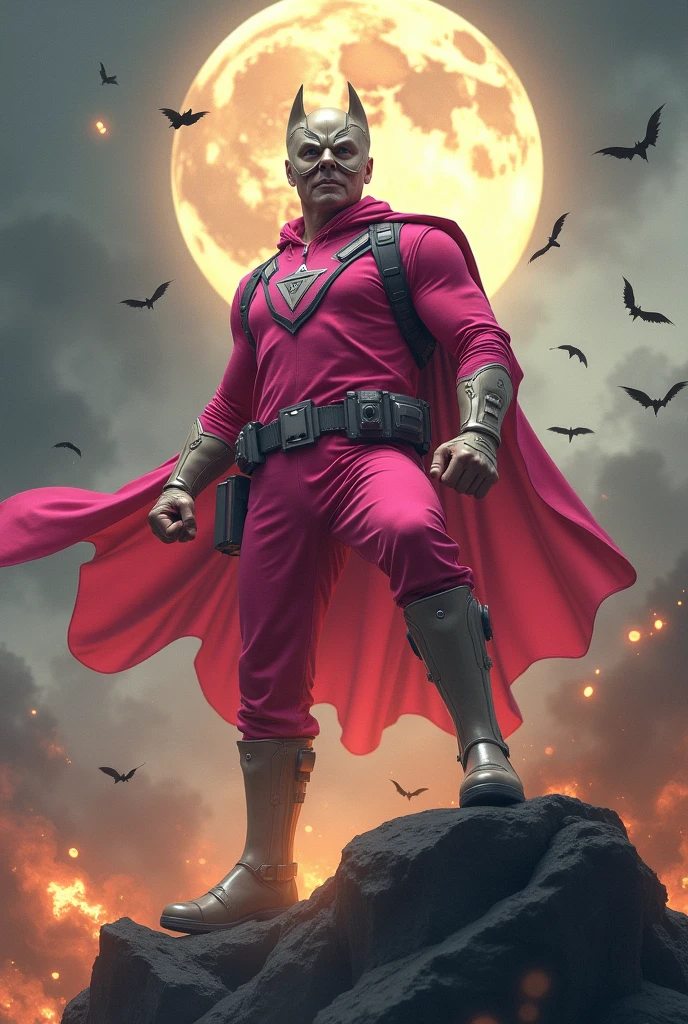 Malaysia man in high-tech suit, vivid effects, malaysian superhero (KELUANG MAN) in a striking pink and beige costume cyberpunk design, mask small mini bat ear beige, daredevil beige mask, jumpsuit dark pink stands confidently in a dramatic.jumping from high place.hero costume.one hand rise up. Big triangle logo on the chest.high detail Punisher logo on the chest. Fighting pose , stormy landscape. ((Head covered node guard like batman. Running pose , athletic body type, small mini ear bat mask))The character wears domino mask a helmet with pointed mini torn ears and a flowing cape biege, open nose and mouth. Equipped with visible futuristic weapons on a belt,bullet proof jacket pink dark day.show fingers pose, dark night, big supermoon effect . Small logo on chest triangle shape small punisher logo center triangle cyber logo center on chest pink logo mini logo((WEAR LOOSE CARGO PANT.)) . rocky. Building top.smoke ground , bomb effect background, losse pants, losses costume.adding to --ar 3:4 --style raw --stylize 500 --v 6.1. chaos. Lot of small flying bat. One leg on the high stone. Man . Real man age 40 year old. One hand holding belt.one hand holding black rope hanging on building