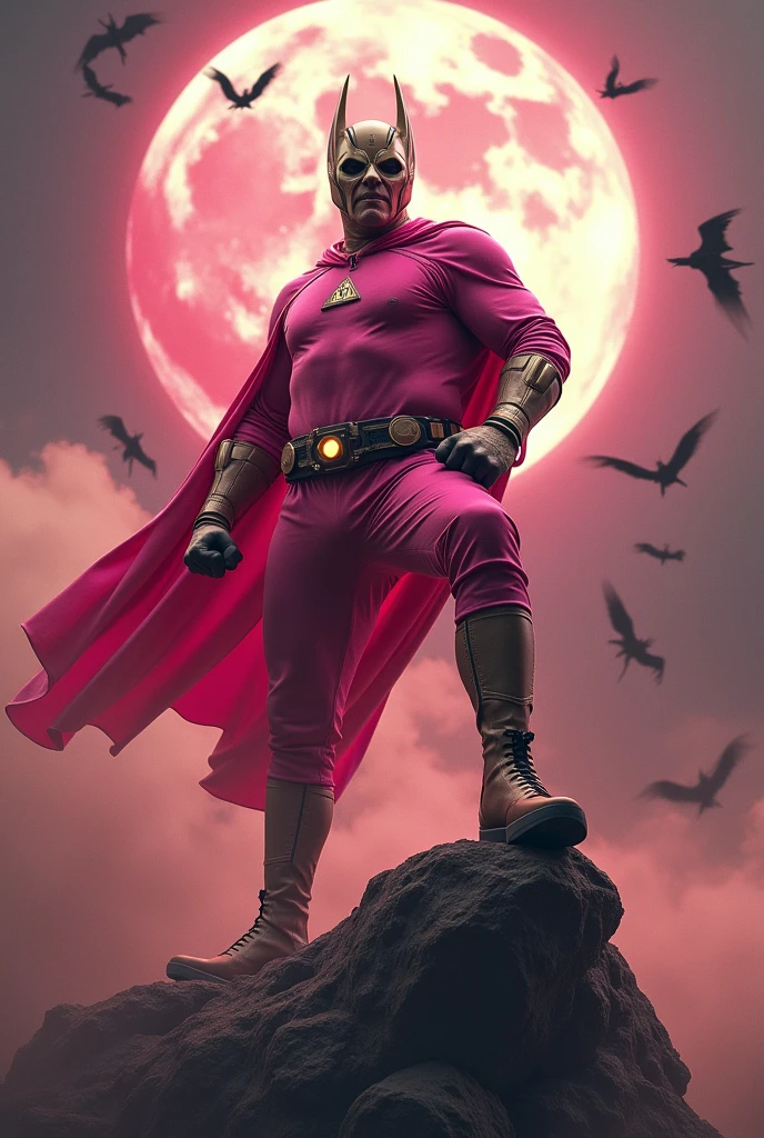 Malaysia man in high-tech suit, vivid effects, malaysian superhero (KELUANG MAN) in a striking pink and beige costume cyberpunk design, mask small mini bat ear beige, daredevil beige mask, jumpsuit dark pink stands confidently in a dramatic.jumping from high place.hero costume.one hand rise up. Big triangle logo on the chest.high detail Punisher logo on the chest. Fighting pose , stormy landscape. ((Head covered node guard like batman. Running pose , athletic body type, small mini ear bat mask))The character wears domino mask a helmet with pointed mini torn ears and a flowing cape biege, open nose and mouth. Equipped with visible futuristic weapons on a belt,bullet proof jacket pink dark day.show fingers pose, dark night, big supermoon effect . Small logo on chest triangle shape small punisher logo center(( skull triangle Casey Jones mask shape logo)) center on chest pink logo mini logo . rocky. Building top.smoke ground , bomb effect background, losse pants, losses costume.adding to --ar 3:4 --style raw --stylize 500 --v 6.1. chaos. Lot of small flying bat. One leg on the high stone. Man. Wear hologram watch.. Real man age 40 year old. One hand holding belt.one hand holding black rope hanging on building. Big pant pink. Beige cape joodie.(( Loose pant)) , jump on high building))
