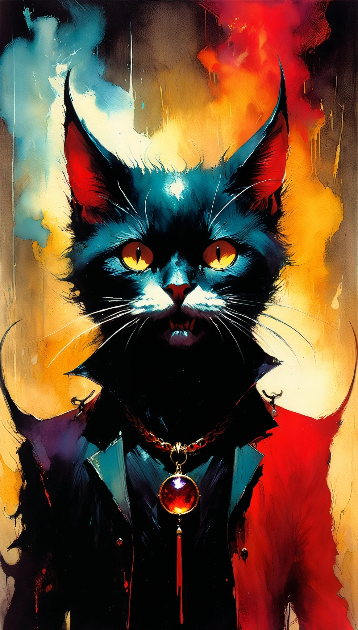 masterpiece, best quality, ultra high res, a cute cat, beautiful, visually stunning, elegant, incredible details, award-winning painting, high contrast, vector art, line art, splatter, flat color, color merge gradient, (kitten:0.7), (dark red theme:1.2), n3on, glowing, neon, (fluffy:1.2), top hat, cat eyes, serious, marroon