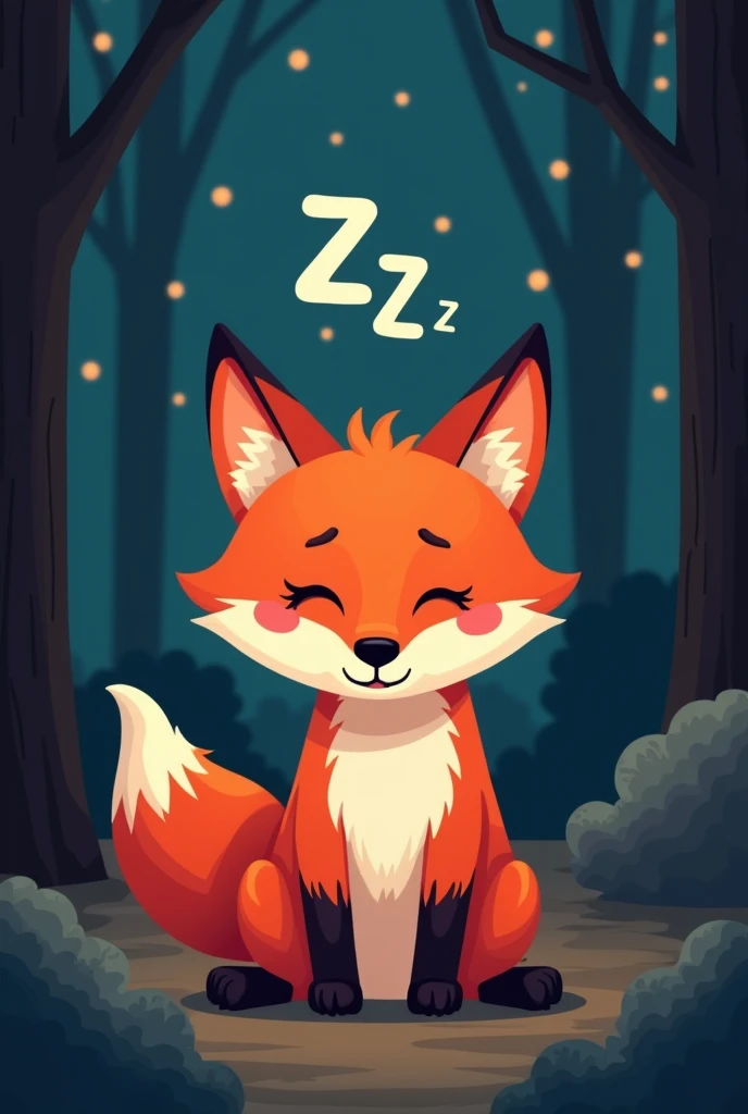 A bright red fox,Get ready to go home and sleep,Expression full of sleepiness,There is a ZZZ symbol on the head,Cute realistic style,Background night forest,Flame Fox