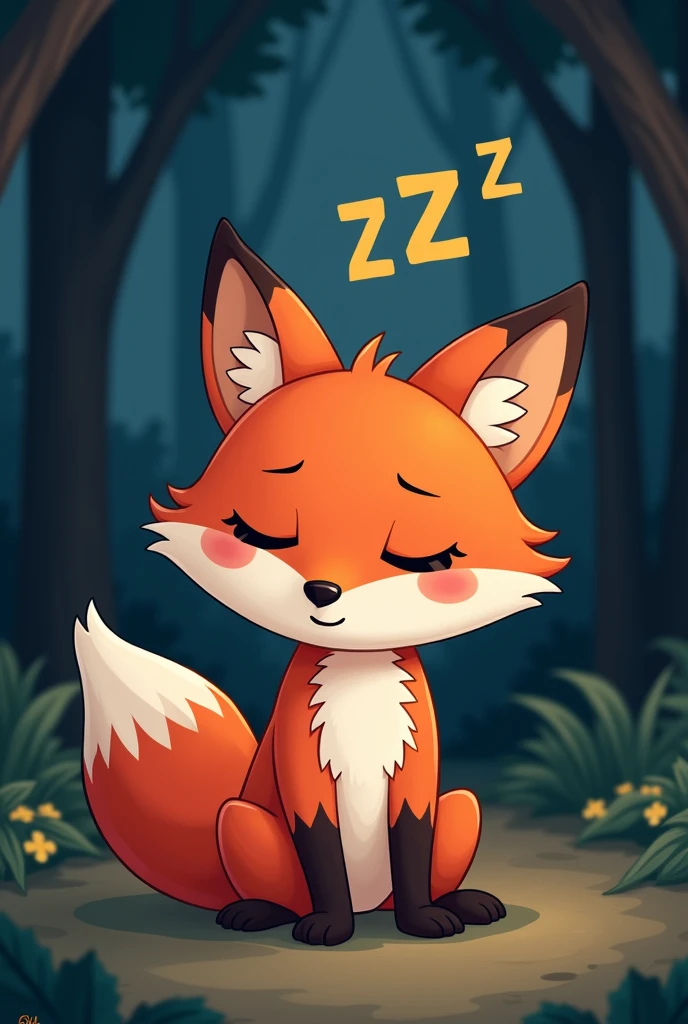 A bright red fox,Get ready to go home and sleep,Expression full of sleepiness,There is a ZZZ symbol on the head,Cute realistic style,Background night forest,Flame Fox