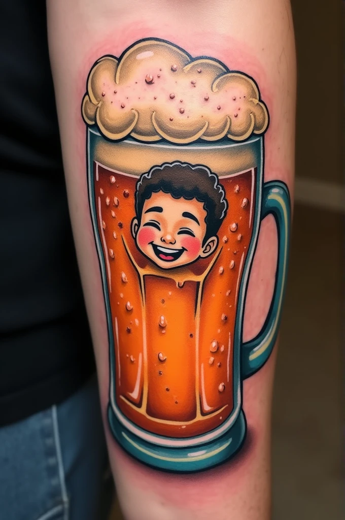 A tattoo that reflects joy inside a beer mug