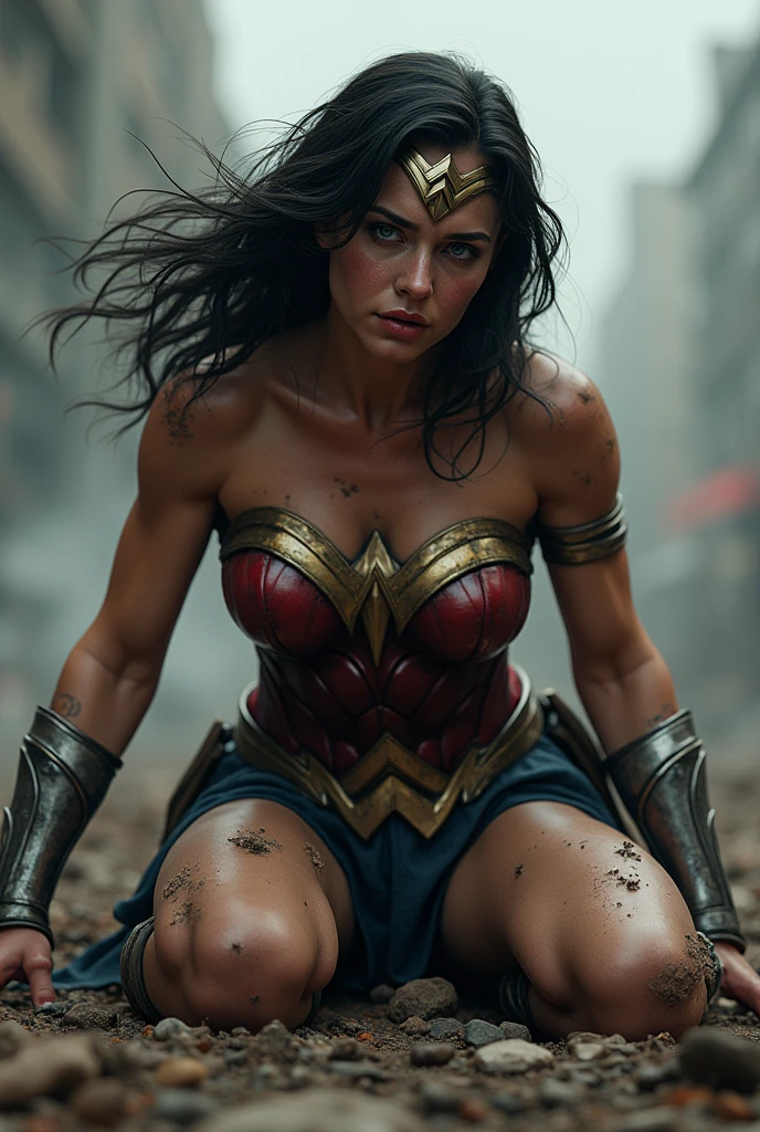 (photorealism:1.2), wonder woman, beaten up, defeated, dominated, destroyed,