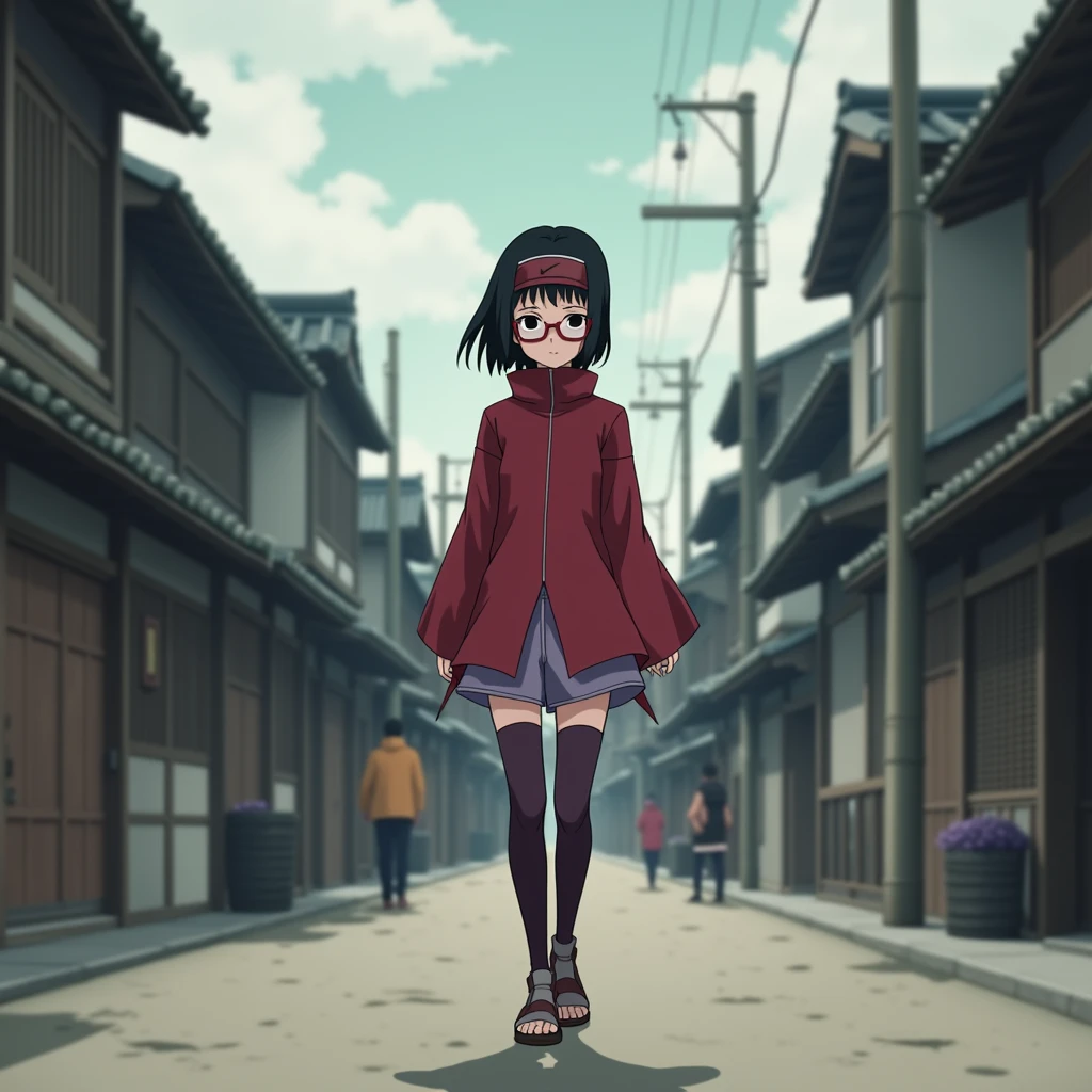 Sarada (a female character from boruto who has thin body, tiny boobs, a short hair neck with side parted hair and bangs swept aside, black eyes, wear headband konoha ninja on her forehead, red outfit with a collar that covers the neck, a middle slit from top to bottom of the outfit and her arms visible, also wearing very short lilac colored pants, with konoha ninja shoes and dark purple knee length stockings , and using a red rectangular glasses) she walked alone in the middle of Konoha village while looking down sadly
