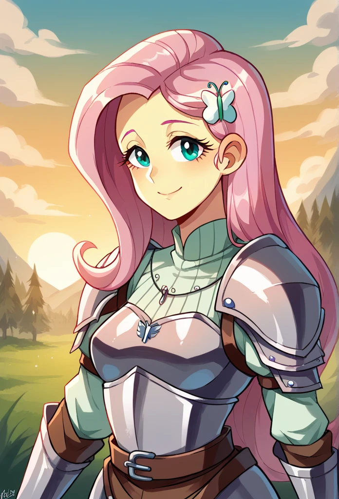 Fluttershy de Equestria Girls, looking at the viewer, Sunset, pretty eyes, beautiful face, small breasts, medieval armor, Full armor, with a dragon in the background, Beautiful smile, Armor that covers the entire body , Armor that covers the entire body, facing a dragon