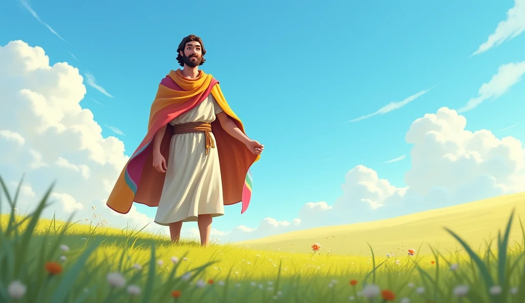 Joseph of Egypt is in a field, holding his colorful cape, with a look of pride and hope. The background shows a clear blue sky and some white clouds., symbolizing the innocence and joy of their youth. The vibrant colors of the cover contrast with the green of the field, conveying a feeling of vitality.