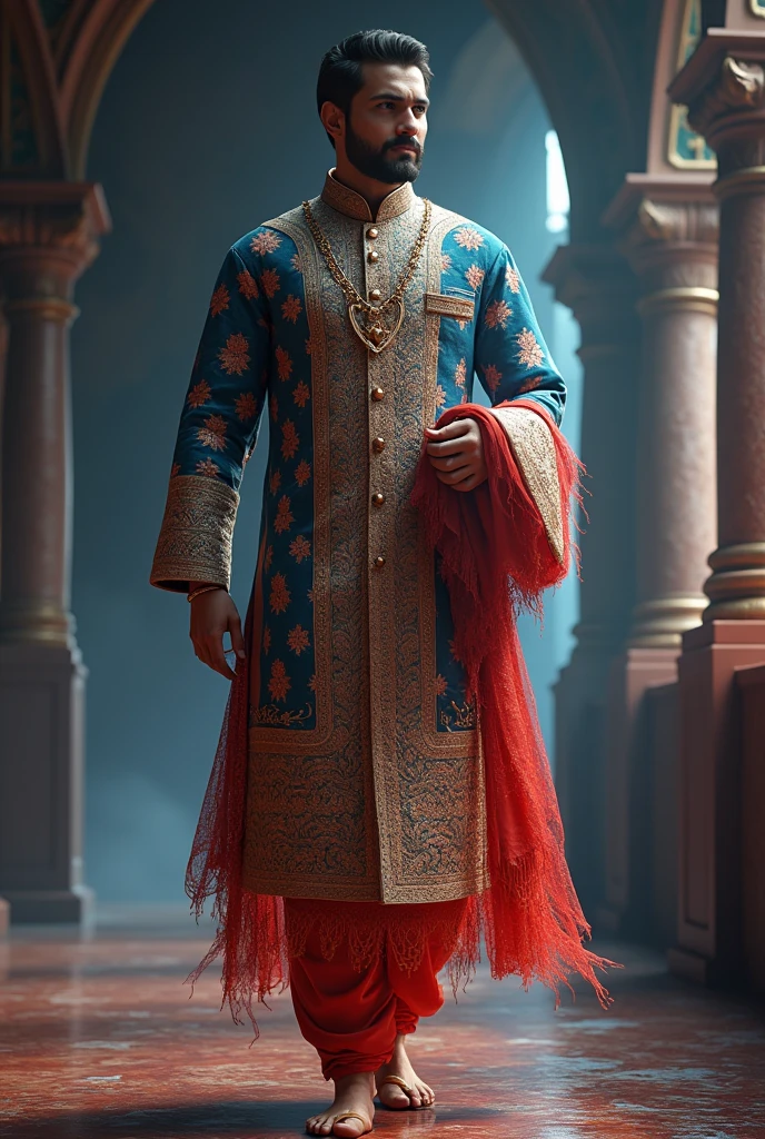 Intricately designed indian Muslim kurta for men in full, from the collar who is discreet to the bottom of the cloth, a bit of embroidery, intricate patterns up to the knees length, exquisite craftsmanship, elegant silhouette, opulent textures, imperial colors, tricolors, opalescent sheen, ethereal glow, dramatic shadows, Unreal Engine rendering, hyper-realistic quality, 8k resolution, detailed textures, captivating lighting effects, enchanting fantasy elements, masterful digital artistry.