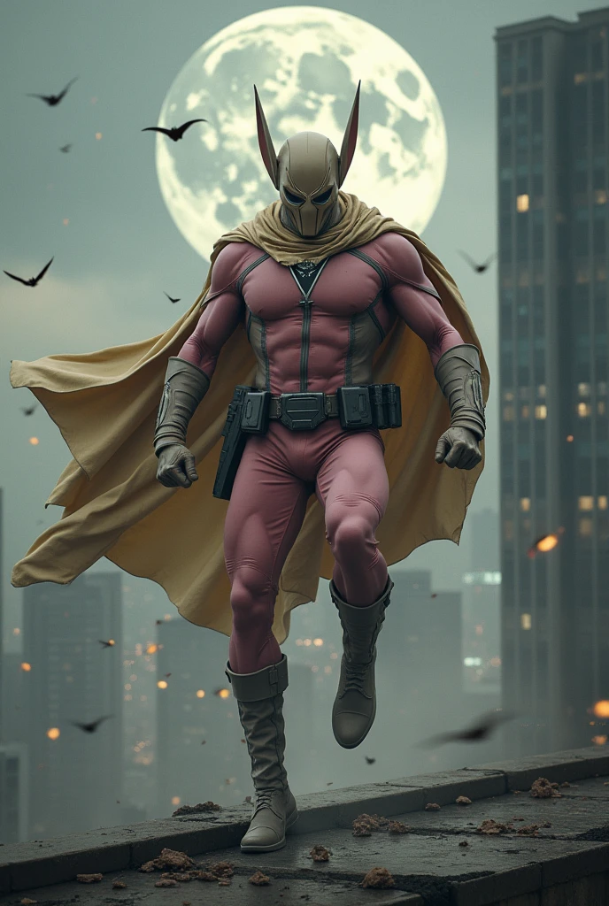Malaysia man in high-tech suit, vivid effects, malaysian superhero (KELUANG MAN) in a striking pink and beige costume cyberpunk design, mask small mini bat ear beige, daredevil biage mask, jumpsuit dark pink stands confidently in a dramatic.jumping from high place. Fighting pose , stormy landscape. ((Head covered node guard like batman. Running pose , athletic body type, small mini ear bat mask))The character wears domino mask a helmet with pointed mini torn ears and a flowing cape biege, open nose and mouth. Equipped with visible futuristic weapons on a belt,bullet proof jacket pink dark day.show fingers pose, dark night, big supermoon effect . Small logo on chest triangle shape small punisher logo center triangle cyber logo center on chest pink logo mini logo . rocky. Building top.smoke ground , bomb effect background, losse pants, losses costume.adding to --ar 3:4 --style raw --stylize 500 --v 6.1. chaos. Lot of small flying bat. One leg on the high stone. Man . Real man age 40 year old. One hand holding belt. Grenade on the ground.