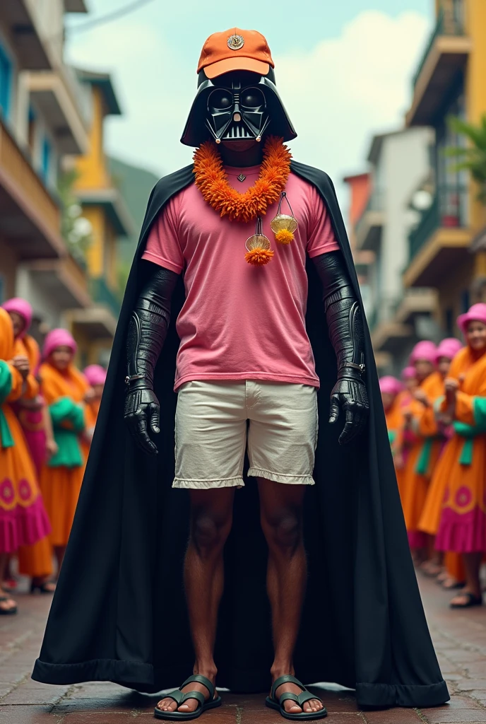 Darth Vader with a flower necklace around his neck wearing a pink t-shirt with white shorts and an orange cap, at the samba school in Rio de Janeiro 