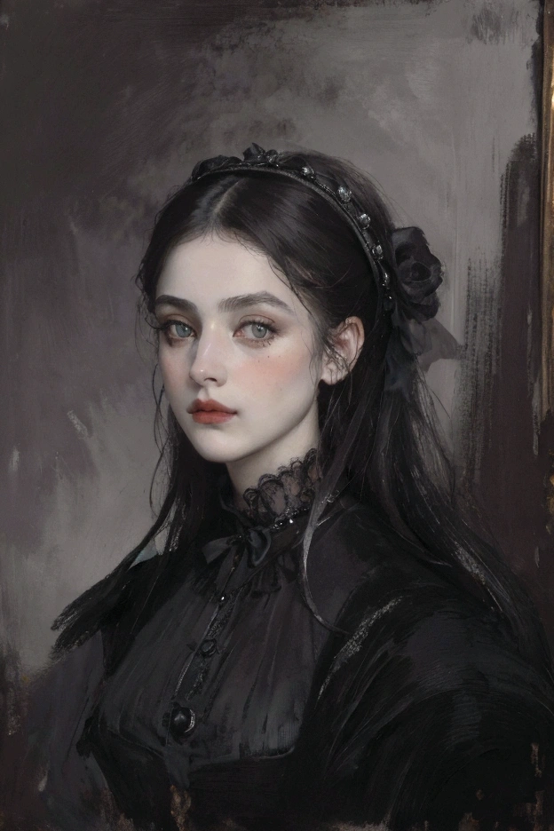(best quality,4k,8k,highres,masterpiece:1.2),ultra-detailed, intricate ,elegant victorian lady, beautiful detailed eyes, beautiful detailed lips, extremely detailed face, long eyelashes, dark gothic fashion, pale skin, mysterious expression, dramatic lighting, chiaroscuro, oil painting, moody, dark colors, deep shadows, ornate background