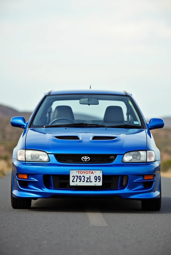 A 1999 toyota starlet glanza V with airflow in the color bleu and plate number ( 2793 ZL 99 ) on the road